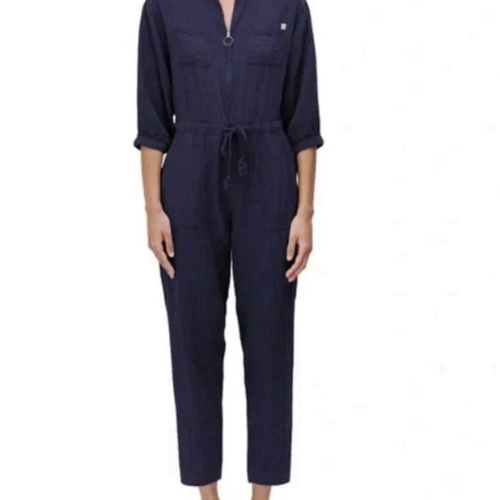Sundry‎ Anthropologie Waisted Jumpsuit Navy Gauze Size S Zipper / 4 Pockets